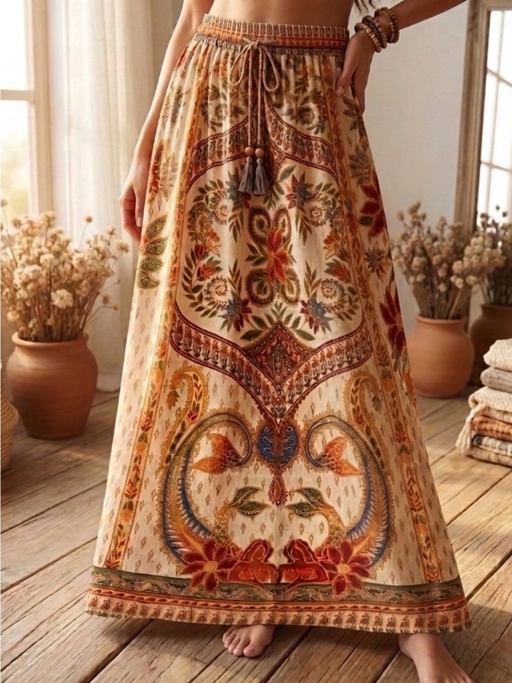 FARM RIO Pre-loved Bohemian Floral Paisley Maxi Skirt in Cream and Rust